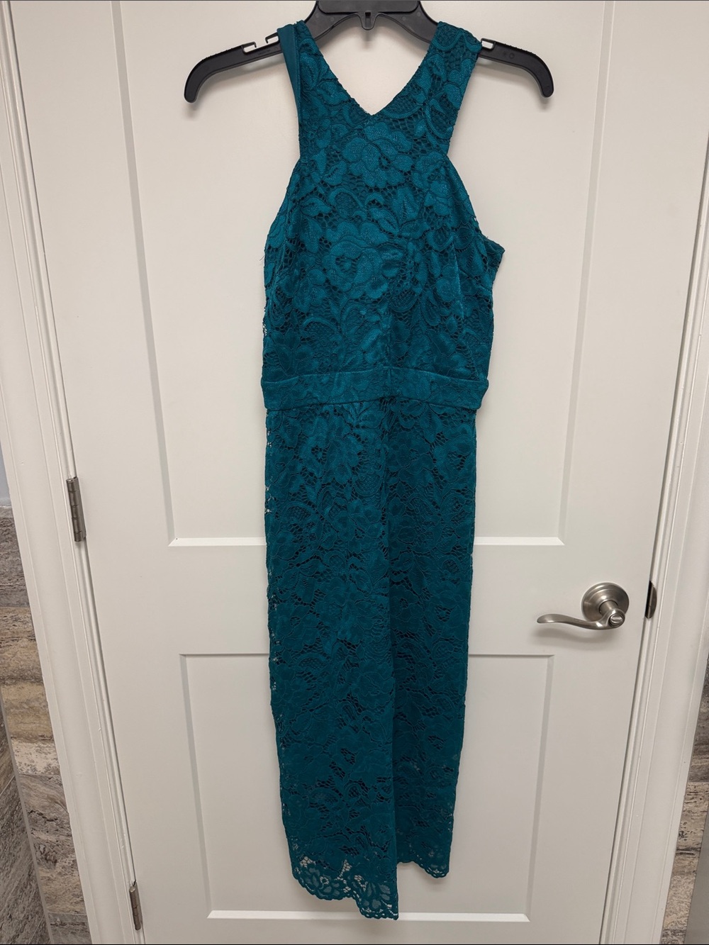 Sam Edelmon Teal Lace Sheath Dress with Crisscross Neckline
